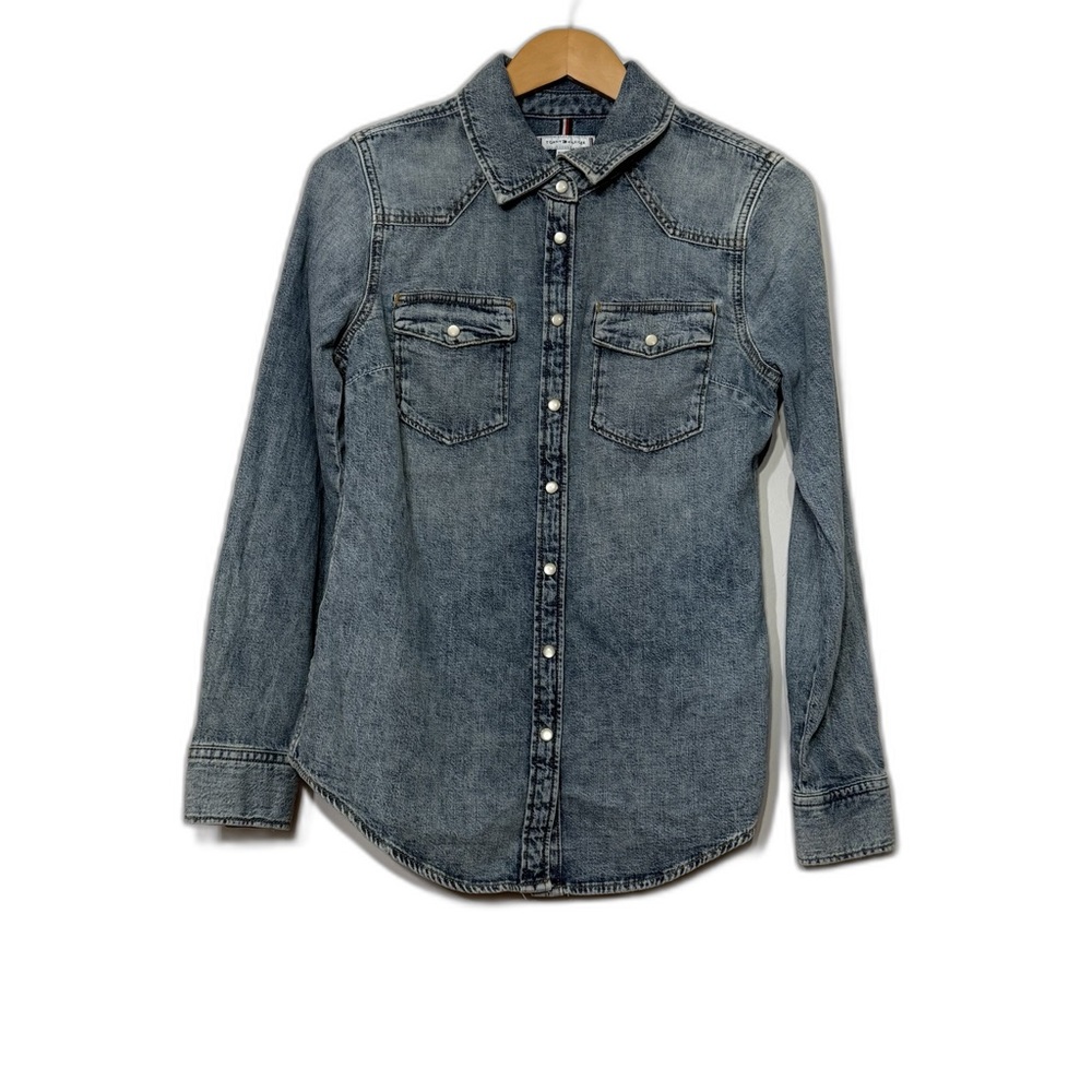 Tommy Hilfiger Denim Chambray‎ Pearl Snap Shirt Western Yoke Women’s 4 Small